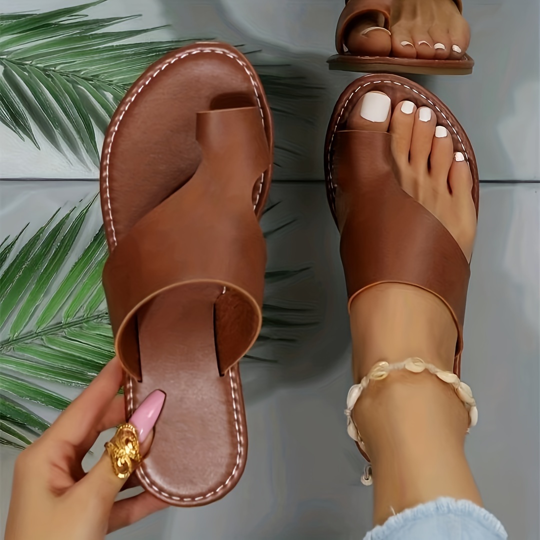 Solid Color Faux Leather Hat Toe Flat Sandals, Women's T-strap Women's Retro Slip Casual Flat Sandals