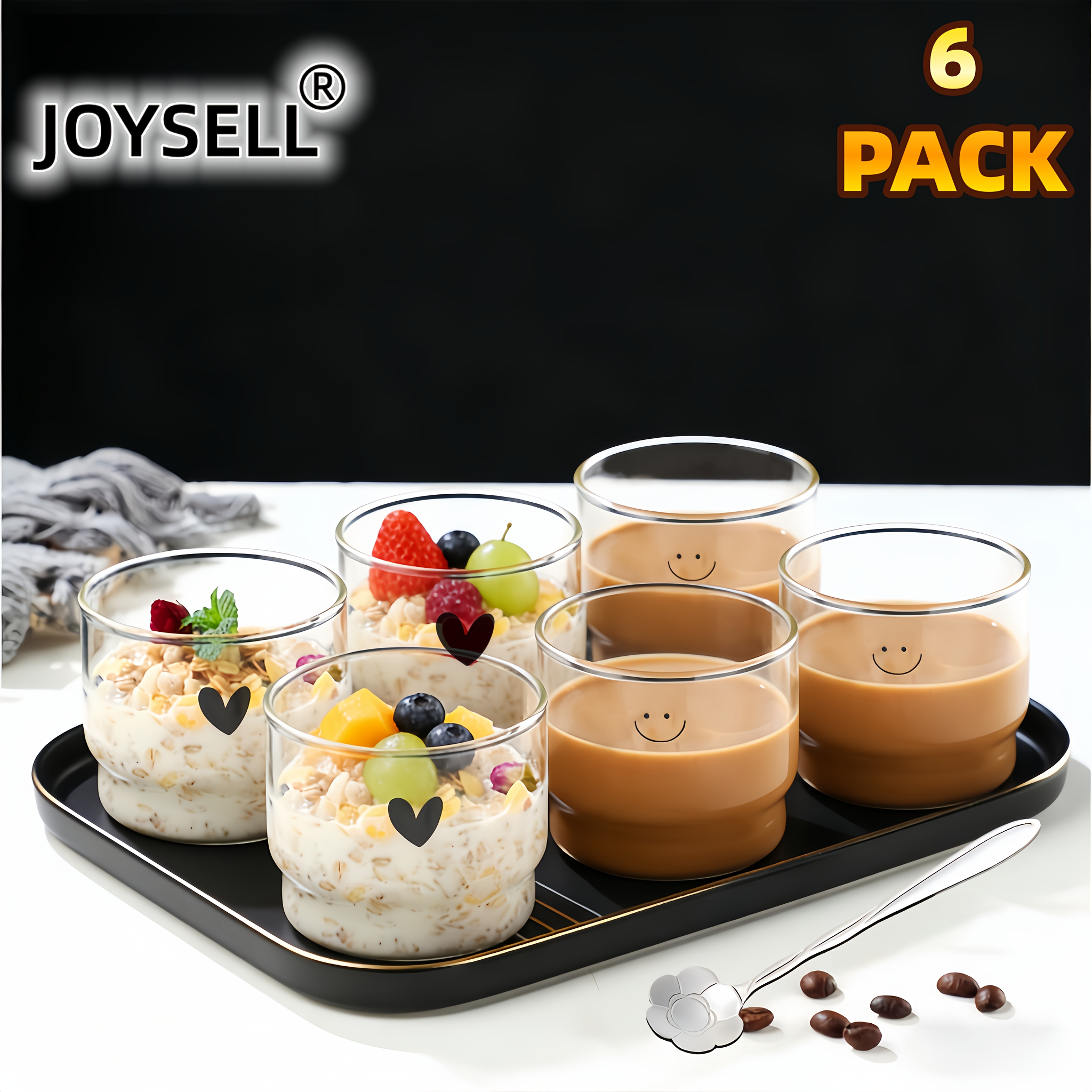 TEMU 6pcs Breakfast Glasses With 6pcs Spoons, Capacity 350ml/10.25oz, Suitable For Drinks, Juices, Milk, Oatmeal, Ice Cream, Coffee Cups, Cocktails