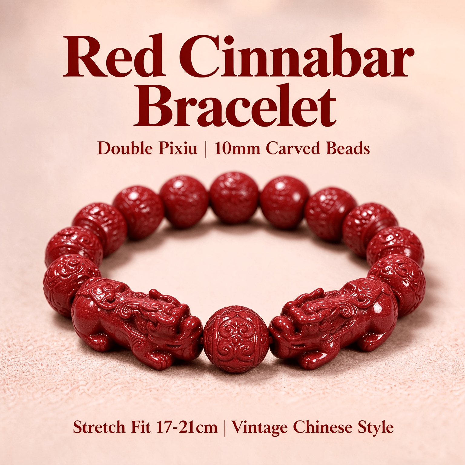 TEMU 1pc Red Pixiu Round Bead Stretch Bracelet, 10mm Carved Beads With Double Pixiu Design, 17- Stretchable Wrist Accessory, Vintage Chinese Style