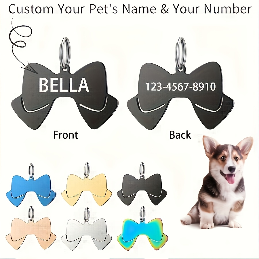 custom engraved stainless steel double collar bow dog tag personalized pet id tag with name and phone number durable anti lost collar accessory   gift Product details 2