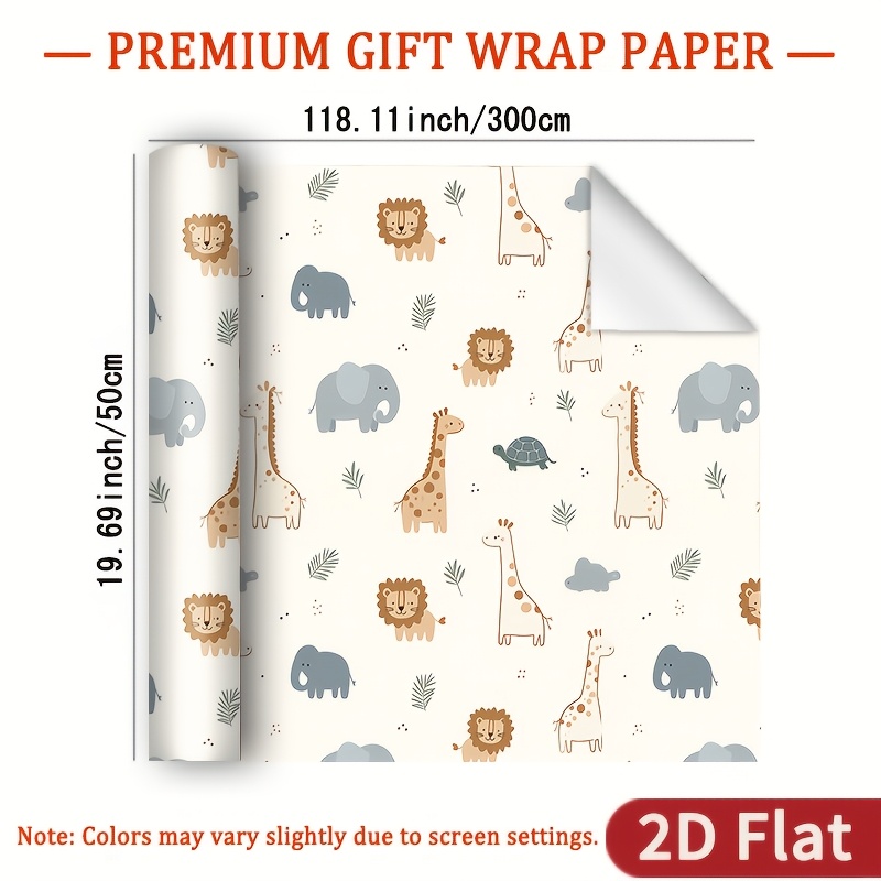 TEMU 1 Roll 2d Flat Animal Theme Wrapping Paper Gift Highlight Wrapping Paper - Light Beige Base Color With Cartoon Lion, Giraffe, Elephant, Turtle