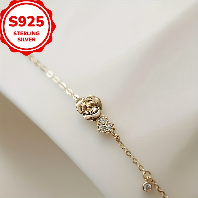 Women's S925 Sterling Silver Rose and Heart Charm Bracelet
