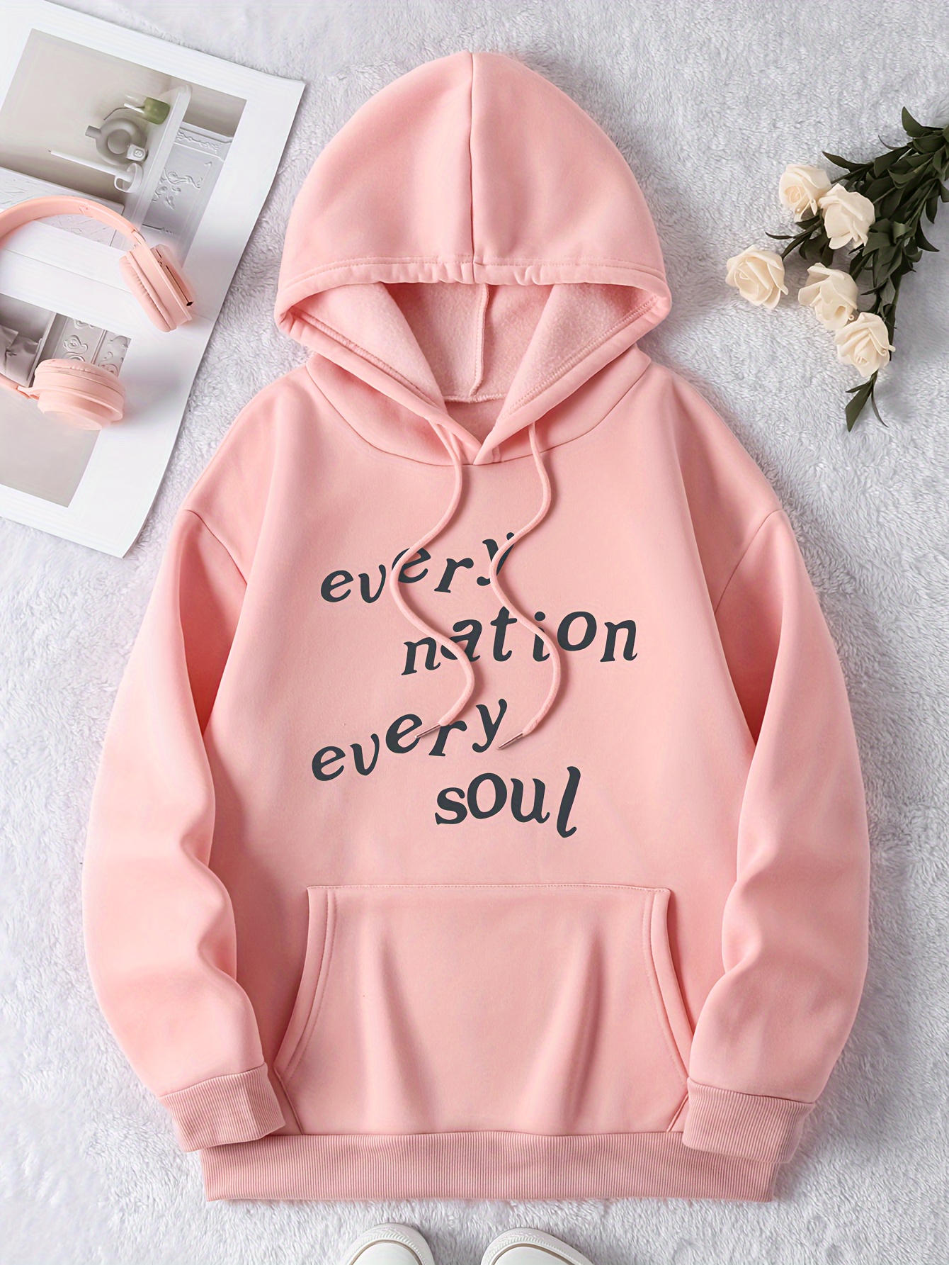 Letter Print Hoodie Drawstring Casual Hooded Sweatshirt - Temu Australia