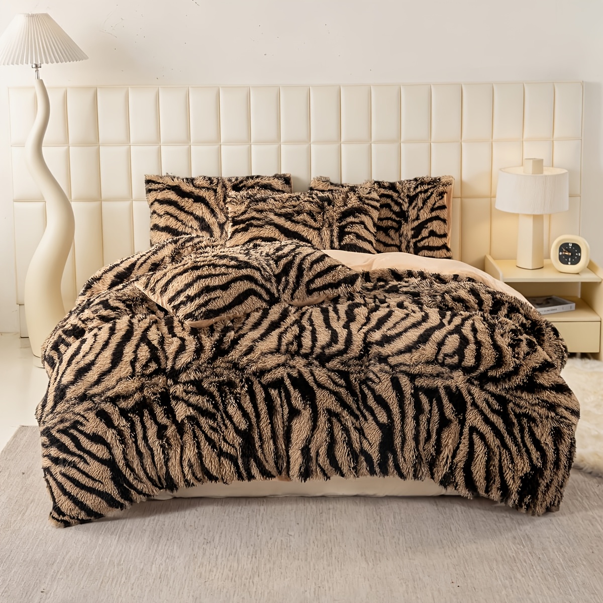 Image of 3pcs Vintage Zebra Stripe Long Plush Duvet Cover Thickened Warm Soft Bedding (does Not Duvet Insert Or Pillow Inserts)