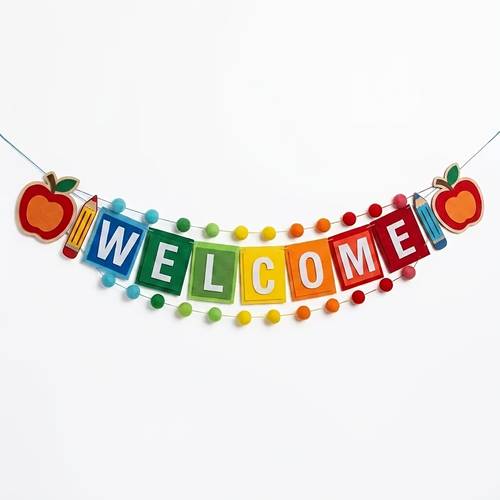 welcome and pom pom banner with and pencil decorations multicolor welcome banner multi layer design