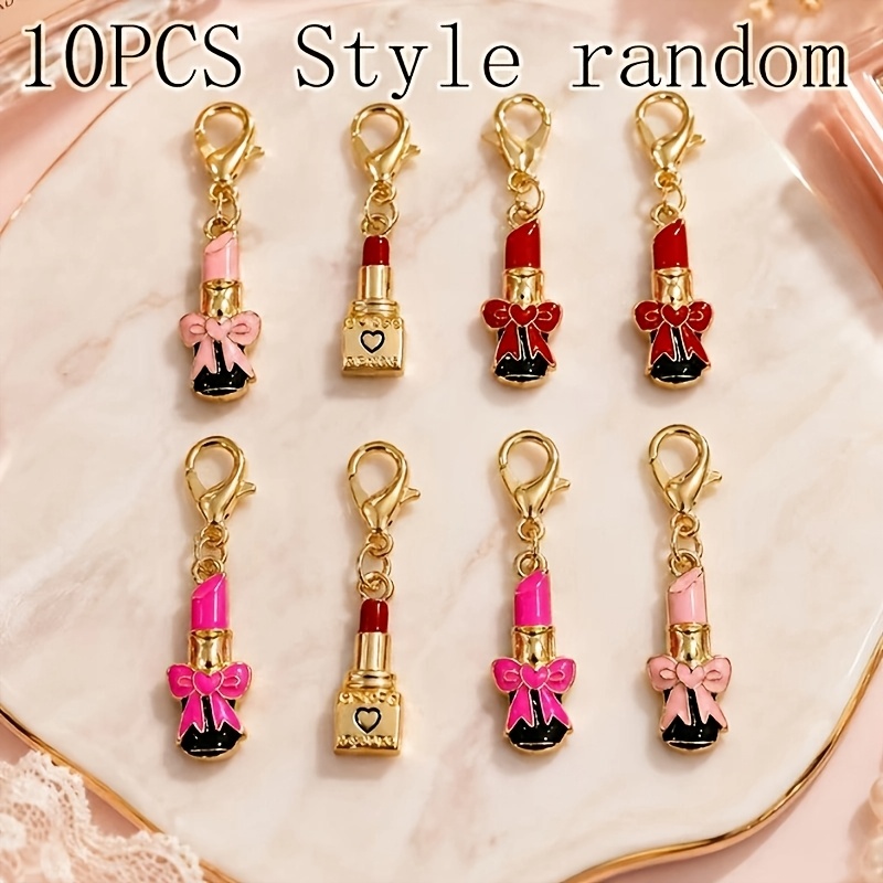 TEMU 10pcs Enamel Lipstick & Perfume Bottle Charms, Golden Lobster Clasp Cosmetic Themed Dangle Pendants, Bow Decor Makeup Design Charms, Making