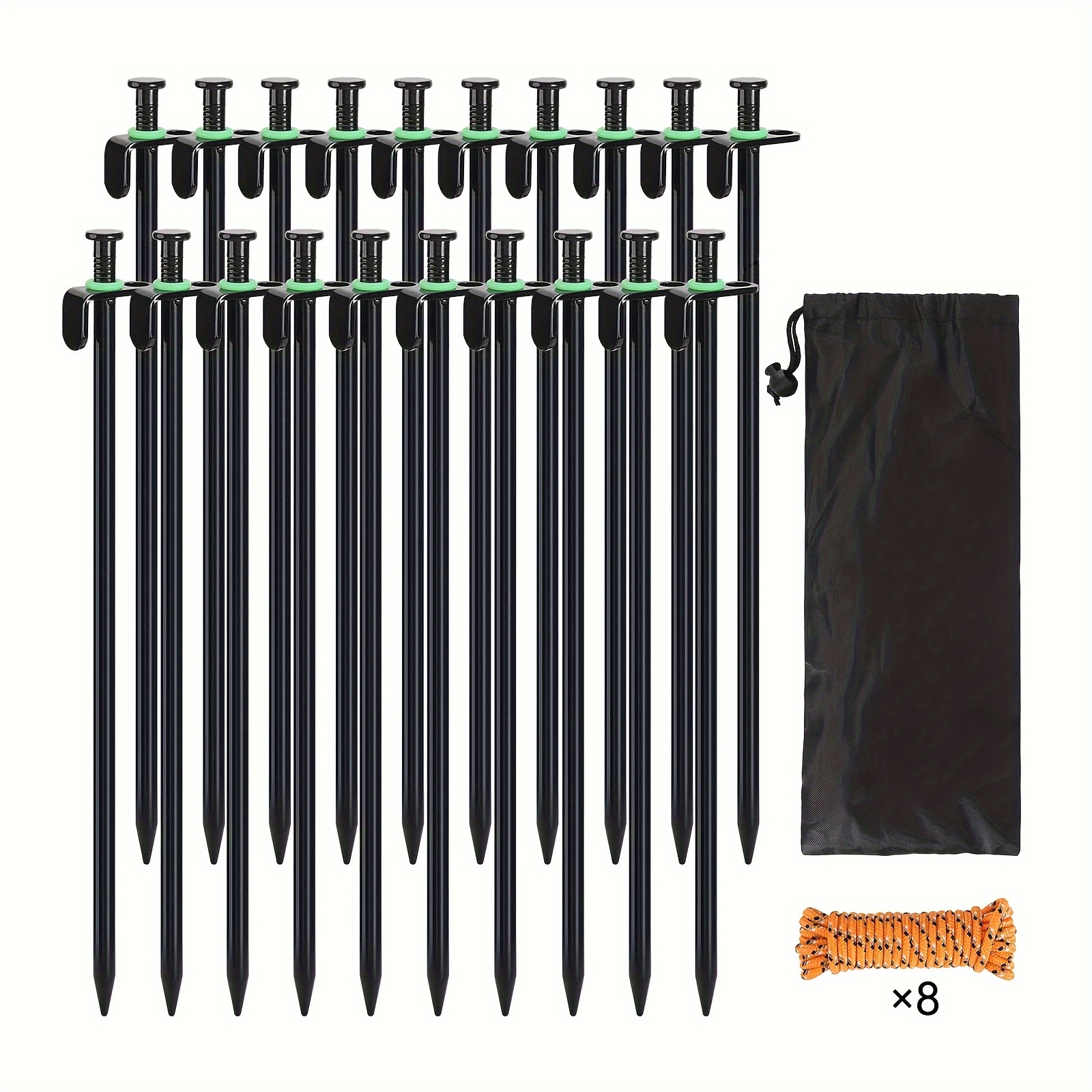 

20 Pack Tent Stakes Metal, 12 Inch Camping Stakes With 8 X 10 Ft Ropes & Storage Bags, Heavy Duty Tent Pegs With Fluorescent Rings For Camping, Canopies, Patio, Garden, Grassland, Outdoor
