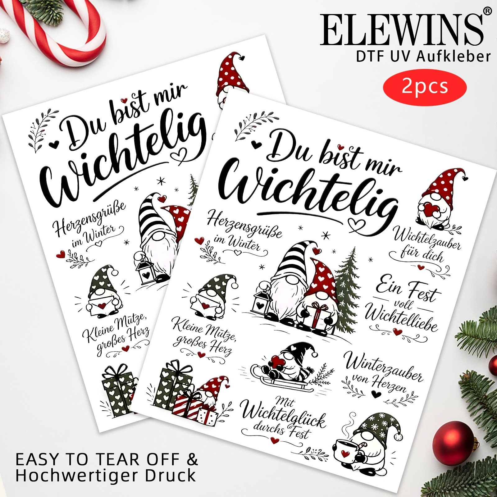 TEMU 2pcs German Christmas Gnome Theme Uv Dtf Wraps, Candle, Rub On Transfer Set, Cup Set, Suitable For Diy Crafts, Glass And Ceramic Crafts, Gift,