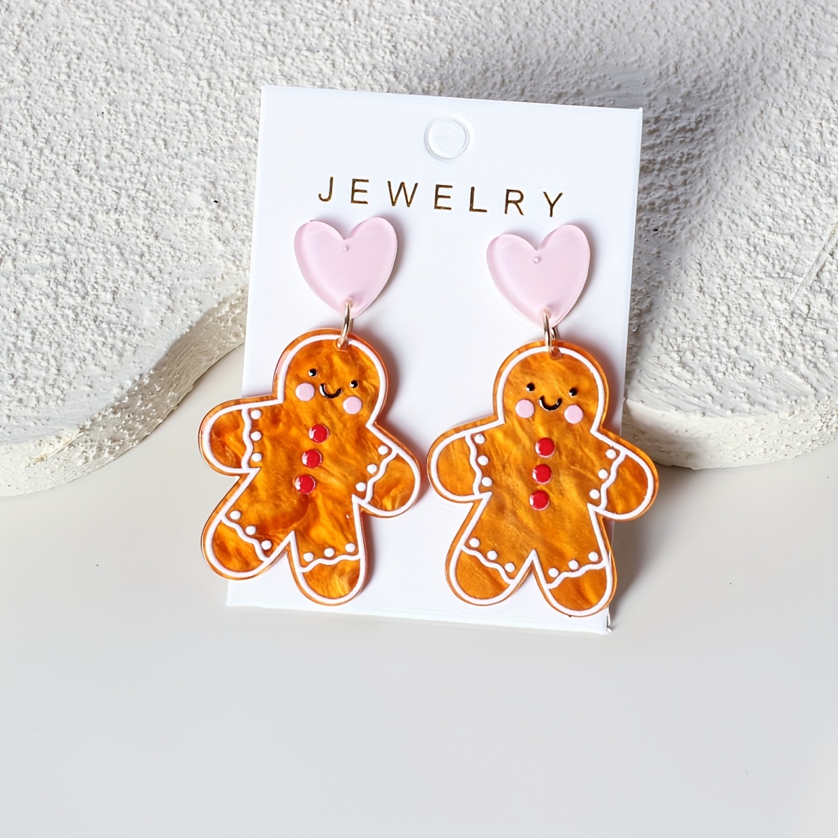 TEMU Christmas 1 Pair Gingerbread For Man Ripple Brown Heart Stud Acrylic Women' Earrings, Elegant, Cute, Simple, Versatile, Gift