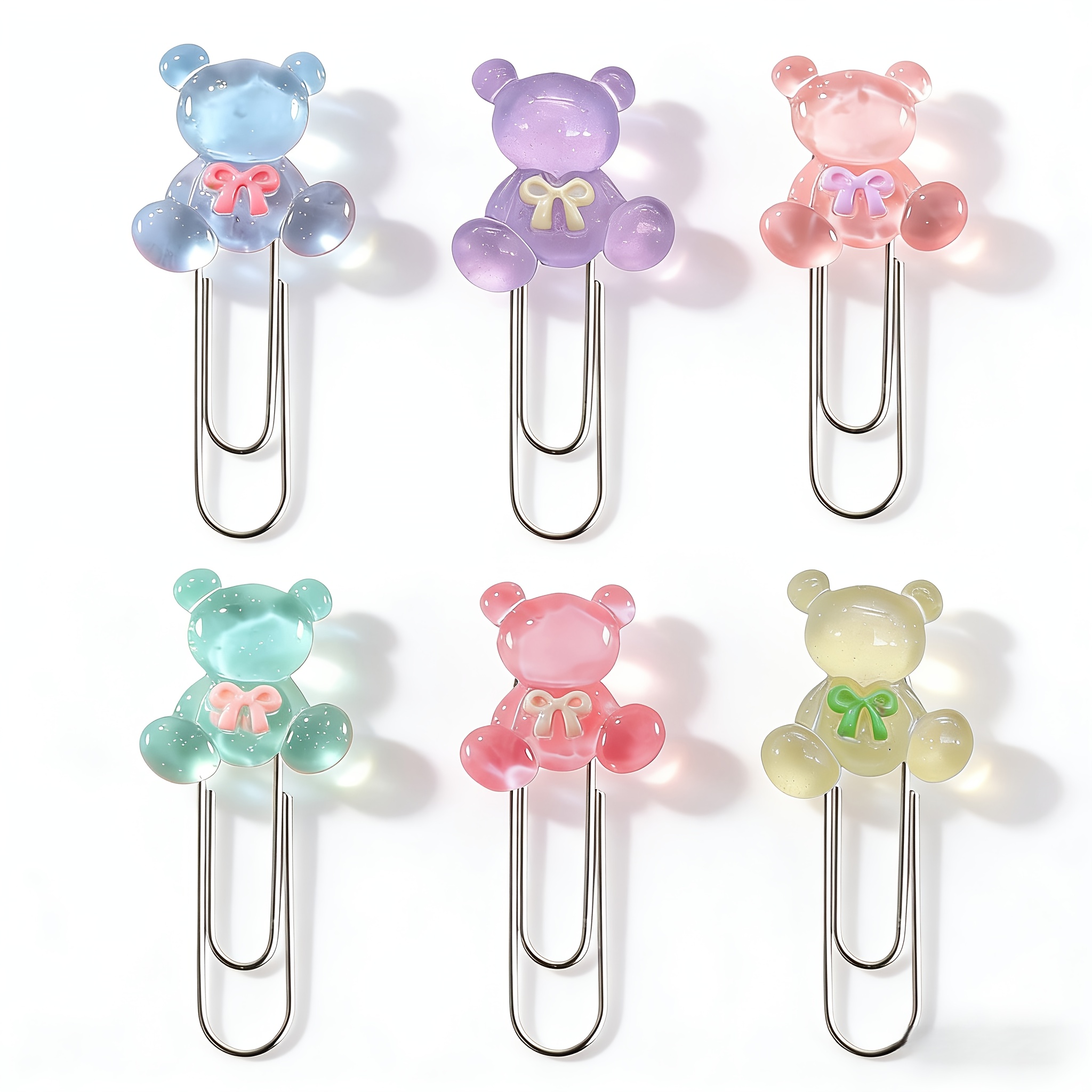 Image of 6pcs Cute Transparent Bear Bookmark Paper Clips, Creative Bear-shaped Paper Clips, Suitable For Marking Notebooks, Books, Office Supplies, School Gifts