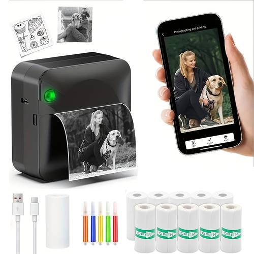 pocket mini printer portable wireless thermal photo printer inkless printing gift study notes label receipt with 11 rolls of paper