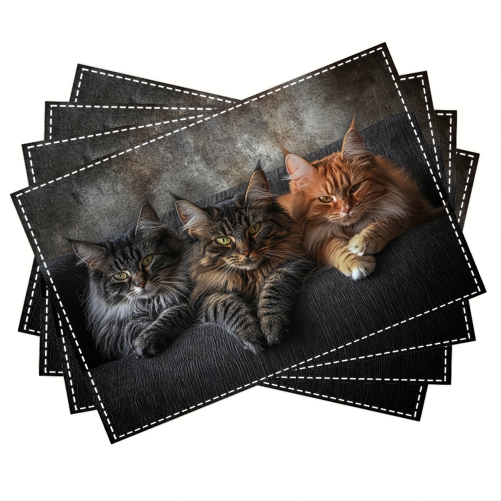 

4-pack Linen Placemats, 12x18 Inch, Rectangular, Woven, Machine Washable, Maine Coon , For Kitchen & Dining Table Decor, Western Meal Pads, Holiday Decoration