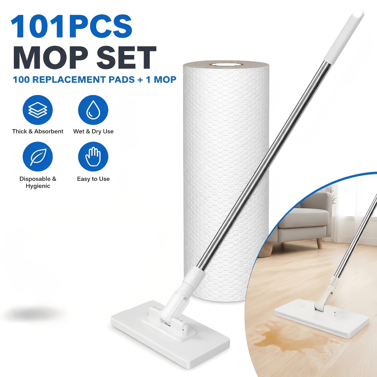 TEMU 101pcs Flat Mop Set: 100 Replacement Pads + 1 Mop Handle. Clamp-on System For Pad , Keeping . Features -inch Long Pole For No Bending Required
