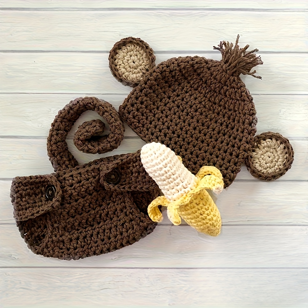 Image of Hand-knitted With Banana And Hat, Family Photography Prop, Cute Cartoon Animal Gift, Knitted Handmade Gift, Photography Studio Accessory