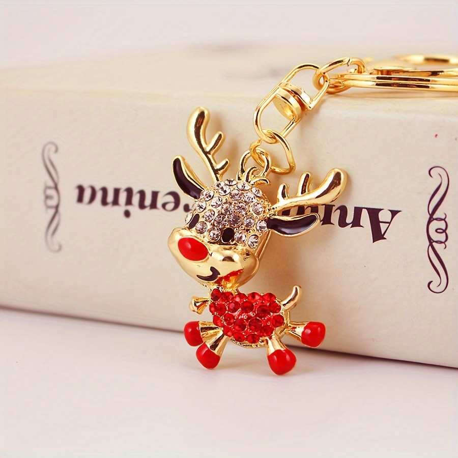 Image of Creative And Cute Crystal Rhinestone Christmas Reindeer Keychain, A For Bags Or Car Keys
