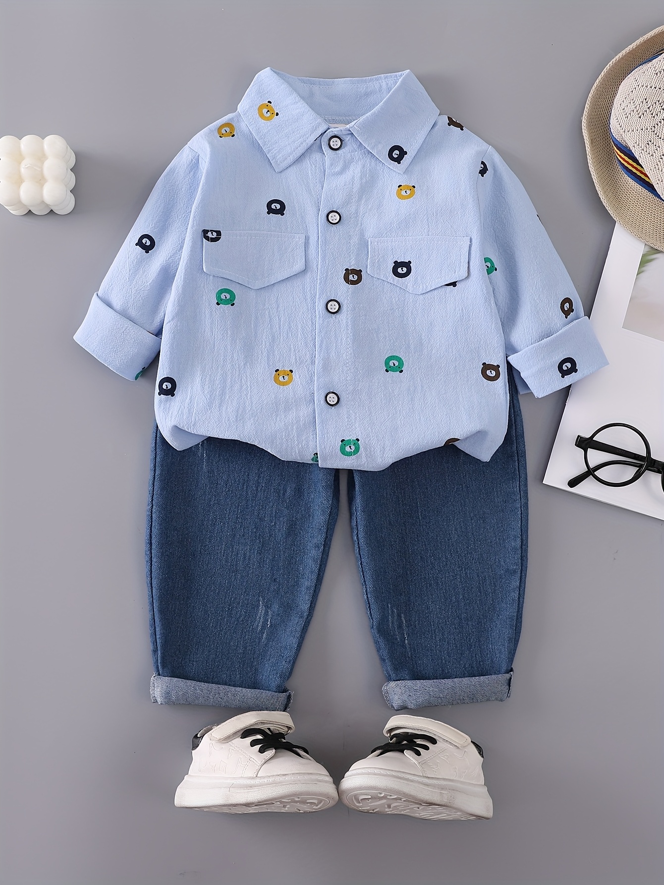boys print outfit with a bear pocket long sleeve shirt and denim pants featuring a full button design for outdoor Product details 18