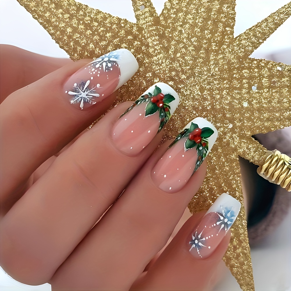 

Christmas 24 Pcs Glossy Medium Press On Nails Snowflake Style Pattern Fake Nails Shiny Artificial Reusable False Nails For Women