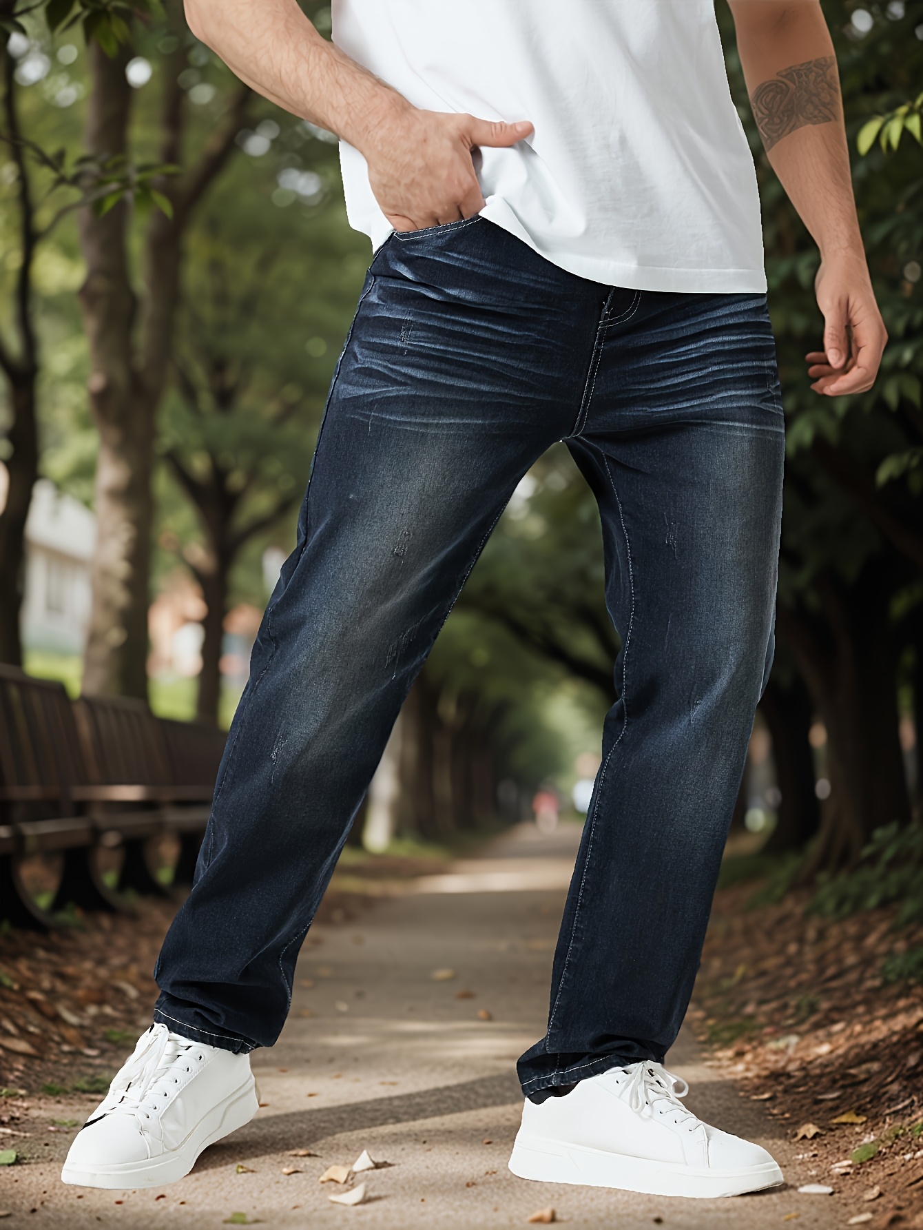 1pc Men'S Plus Size Casual Denim Jeans, High Stretch Fabric, Solid Color, Long Length, All-Season, Regular Fit, Adult - #TD7225