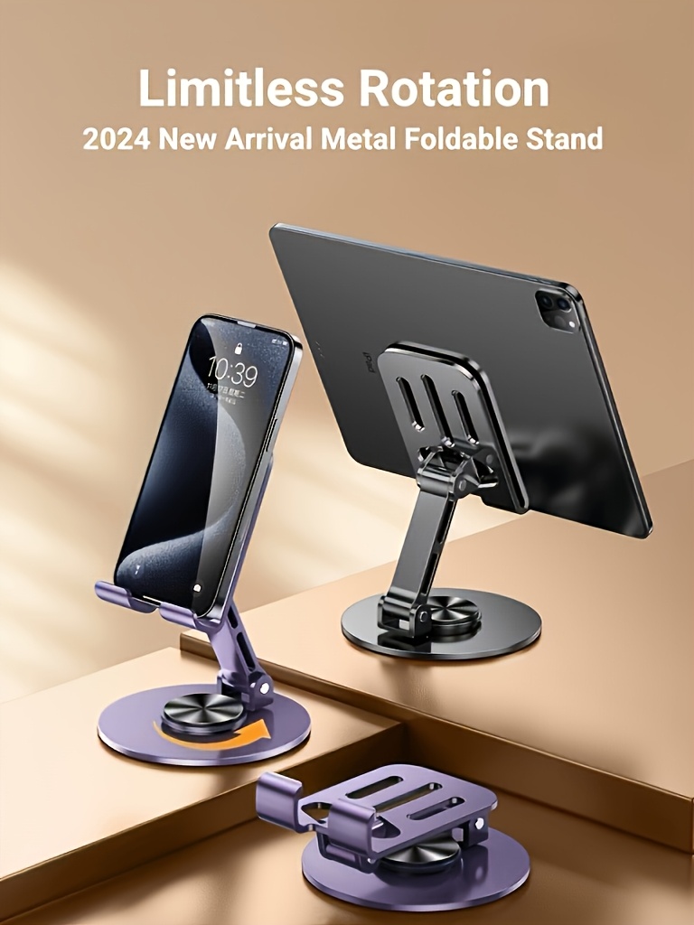 Soporte Giratorio de 360 Grados para Teléfono y Tableta de Metal, Compatibilidad, Base Antideslizante, Metal, Compatibilidad Universal