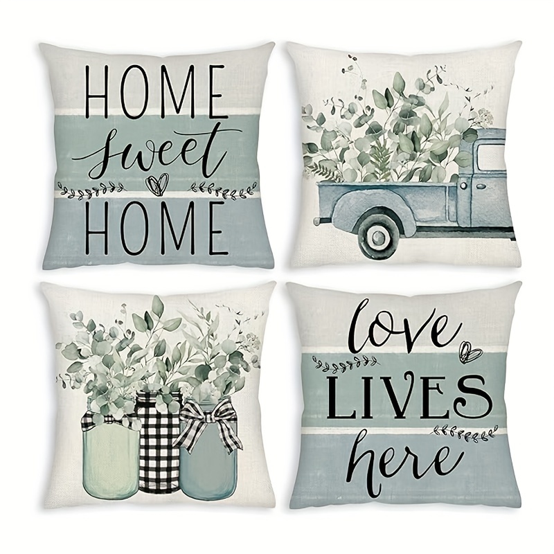 

4pcs, Decorative Eucalyptus Leaf Throw Pillowcase 18x18 Inches, Sweet Home Decorative Linen Pillowcase, Farmhouse Home Decorative Sofa Outdoor Suitable For All , No Pillow Insert