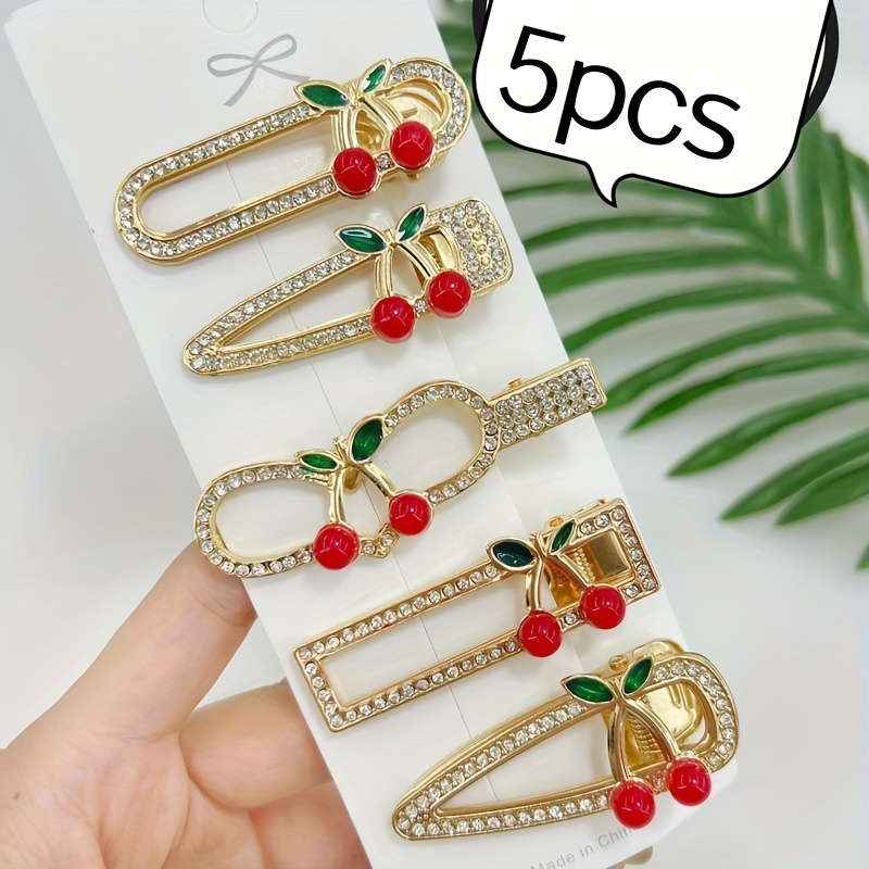 

5pcs Set Of Women's Cherry Hair Clips, Hairpins With Rhinestones, Cute And Sweet Headwear, Hair Clips For Front Bangs And Side Bangs, Hair Accessories, Girl's Gift