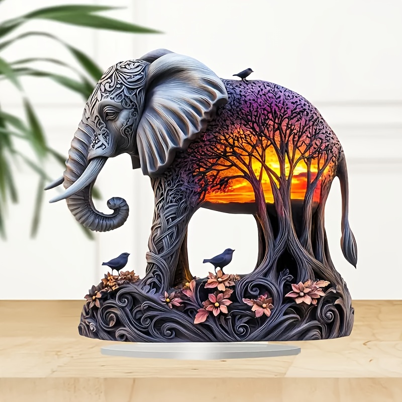 

2d Flat Bohemian Sunset & Forest Elephant Acrylic Decor - Home, Office, , 9x9 Inches