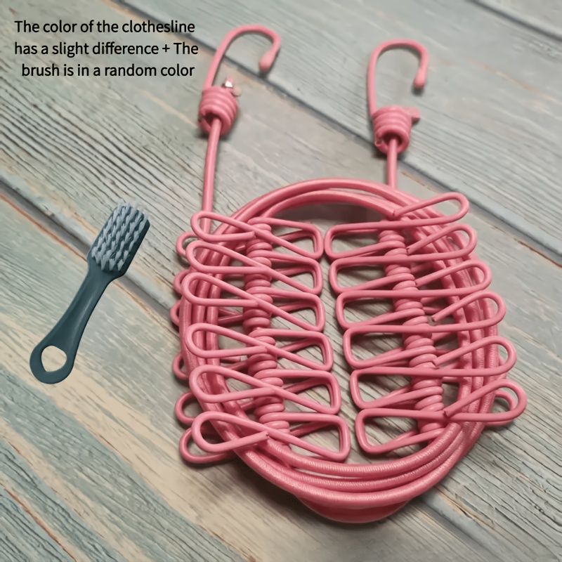 TEMU 2pcs, Travel Clothesline With Clips + Brush, Hotel Portable Elastic Retractable 12 Clips Colorful Clothesline, Clotheslines, Random Style