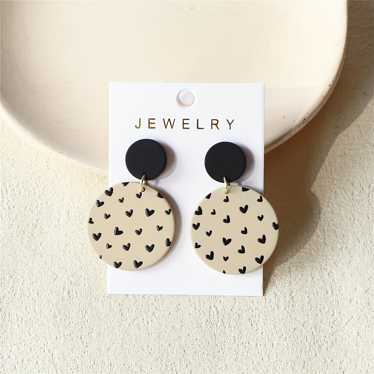 1 Pair Of Women's Valentine's Day Black Small Heart Print Light Brown Round Clay-textured Sexy Party Acrylic Earrings