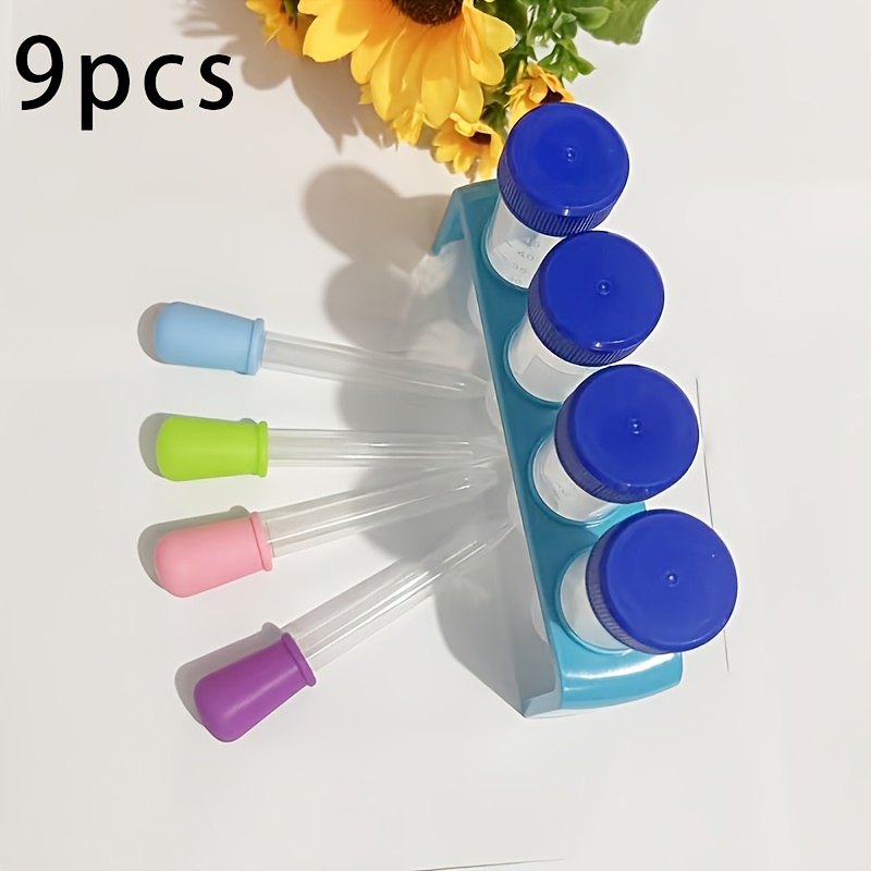 9pcs Scientific Kit, With Stand And Dropper For Plastic Test Tubes, Suitable For Creative Laboratory Experiments, Scientific Experiment Additions, Feeding, Liquid Transfer, Color Randomization
