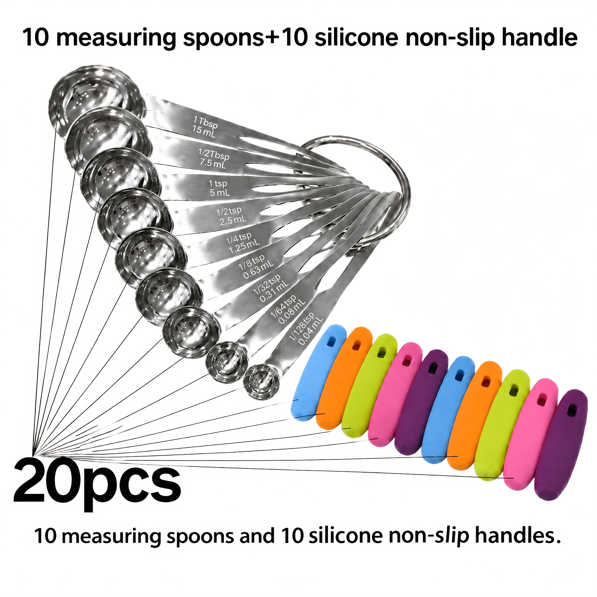 TEMU 20pcs Stainless Steel Measuring Spoons Set With Silicone Handles, 10 Anti-slip Grip Handles And 10 Spoons, Heavy Duty Metal Measuring Tools For