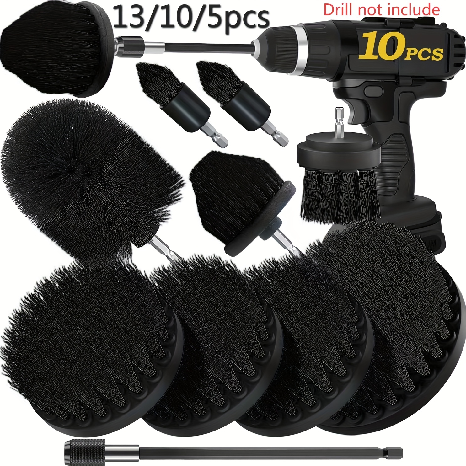 

Drill Brush Attachment Set With Extendable Attachment For Deep Cleaning - Multi- Brush Kit For Bathroom, Toilet, Kitchen, Car, Patio - No Electricity Required, In 13, 10, And 5pcs Sets