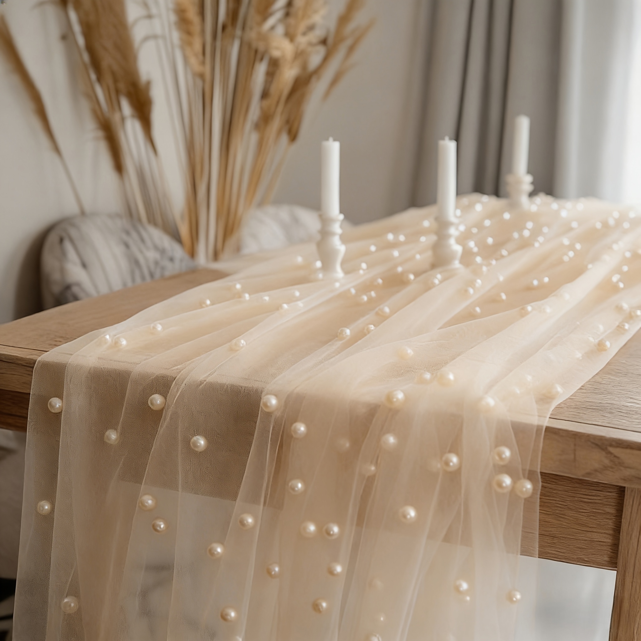TEMU 1pc, Elegant Pearl Lace Table Runner, Soft Tulle Table Runner With Pearls, Bohemian Rustic Farmhouse Style, 27.5 X 118 Inches, Trimmable For