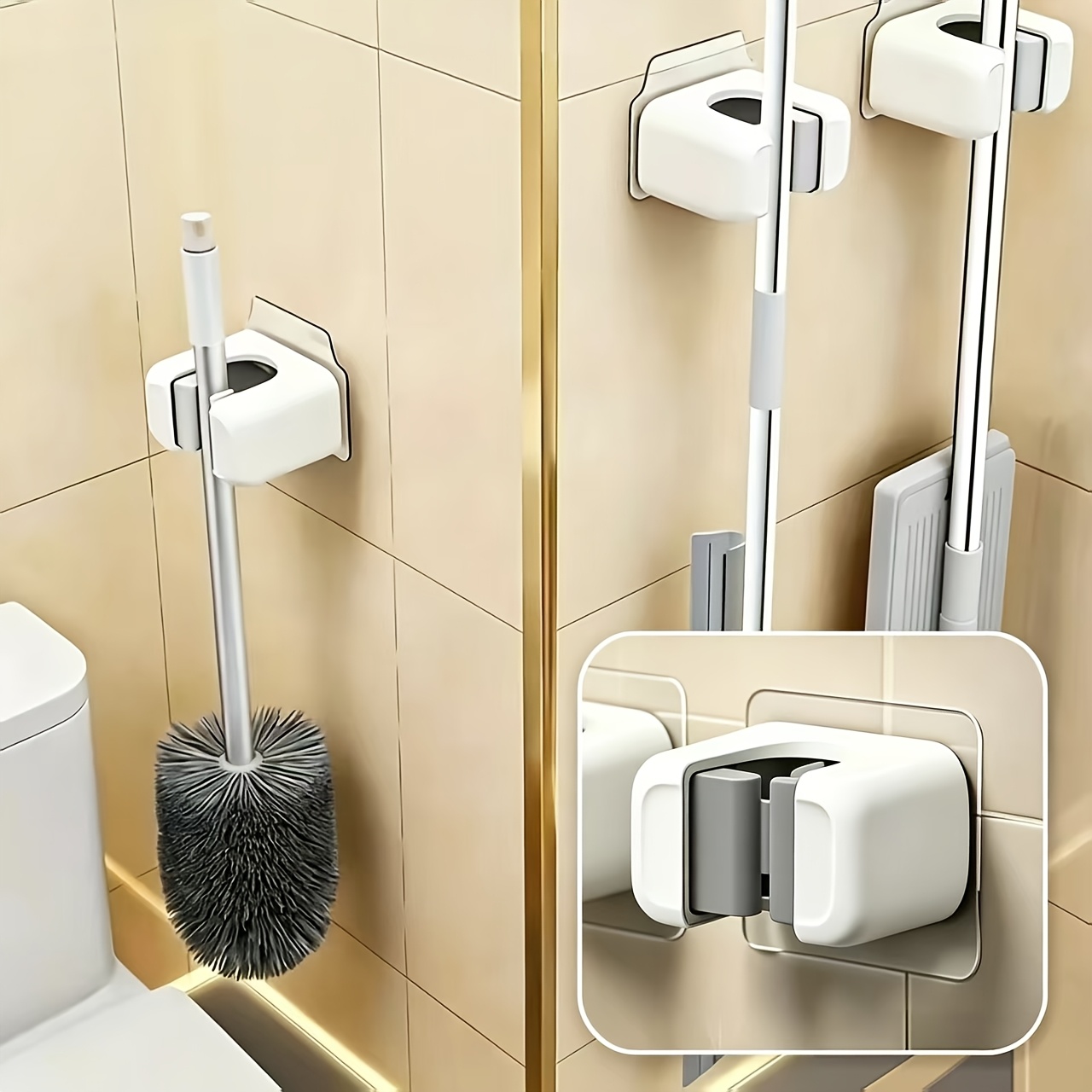 TEMU 8pcs Set (4pcs Mop Clips And 4pcs Backing Pads) No-drill Self-adhesive Wall-mounted Mop And Broom Rack, White Durable Plastic Strong Storage