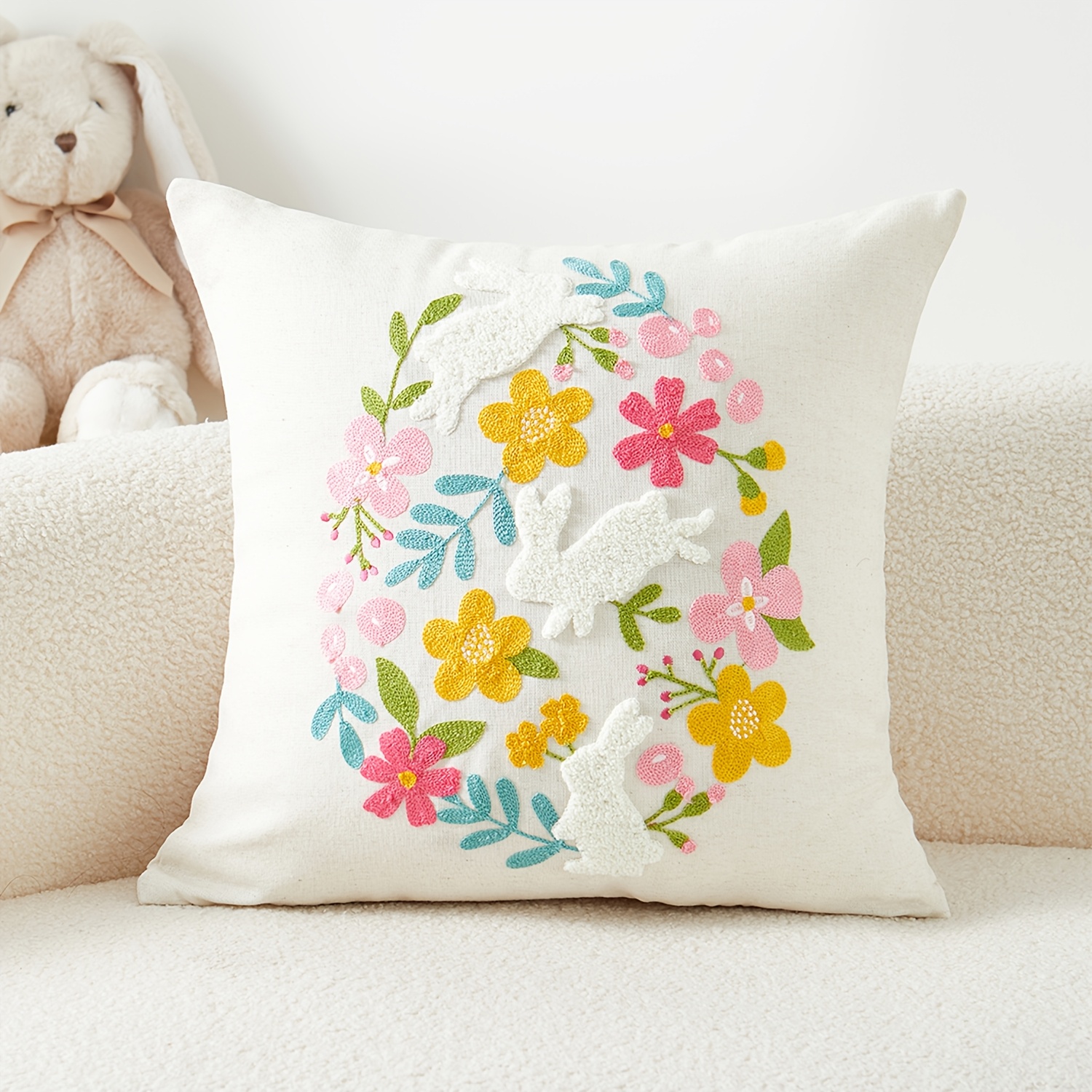 

1pc Easter Bunny & Floral Wreath Embroidered Cushion Cover 17.7x17.7in - Vibrant Spring Decor For Sofa, Living Room, Bedroom, Machine Washable, Zip Closure (no Insert)