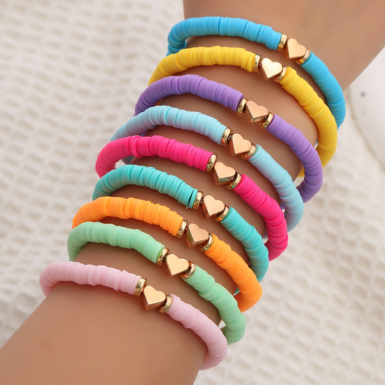 

Bohemian Style Polymer Clay Stretch Bracelets Set Of 9, Colorful Handmade Elastic Bangle Sets For Women, Daily And Party Accessory, All-season No Plating Fashion Jewelry