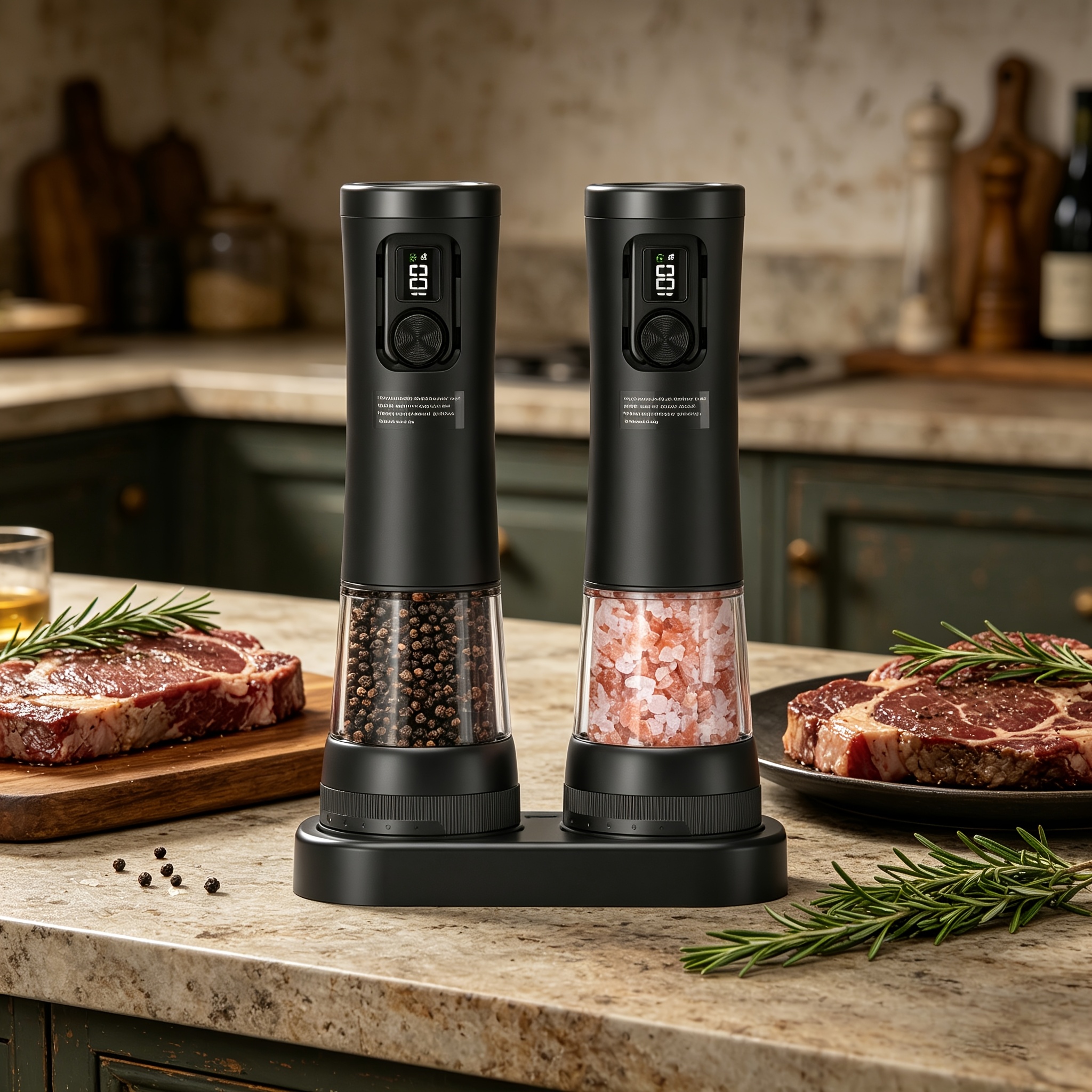 Electric Salt And Pepper Grinder Set | Rechargeable With Battery Level Display, Led Light, 5-level Adjustable, Non-slip Storage Base, Essential For Home, Camping, Picnics, And Barbecues