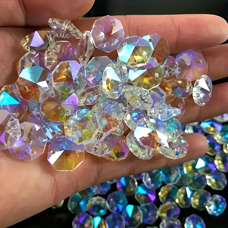 

100pcs, 2 Holes Octagonal Colorful Glass Crystal Beads Light Prism Part Suncatcher Charms Beads For Jewelry Making Diy Decorative Supplies 14mm
