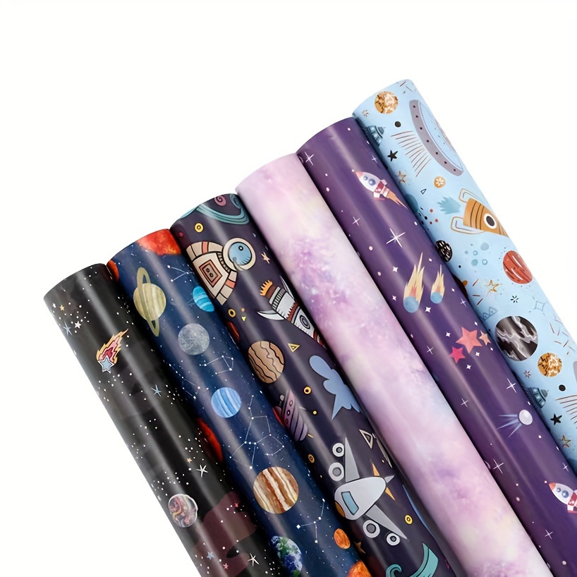 

6 Rolls, Birthday Wrapping Paper Roll - Space Theme - 19.7 Inch X 27.5 Inch Per Roll - Wrapping Paper For Party, Holiday, Baby Shower