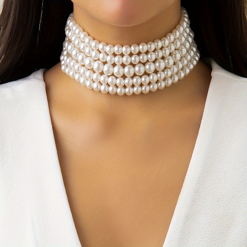 

Elegant Handcrafted 5 Layered Faux Pearl Choker Necklace, Sexy & Cute Style, Multi-layer Fashionable Statement Jewelry For Women