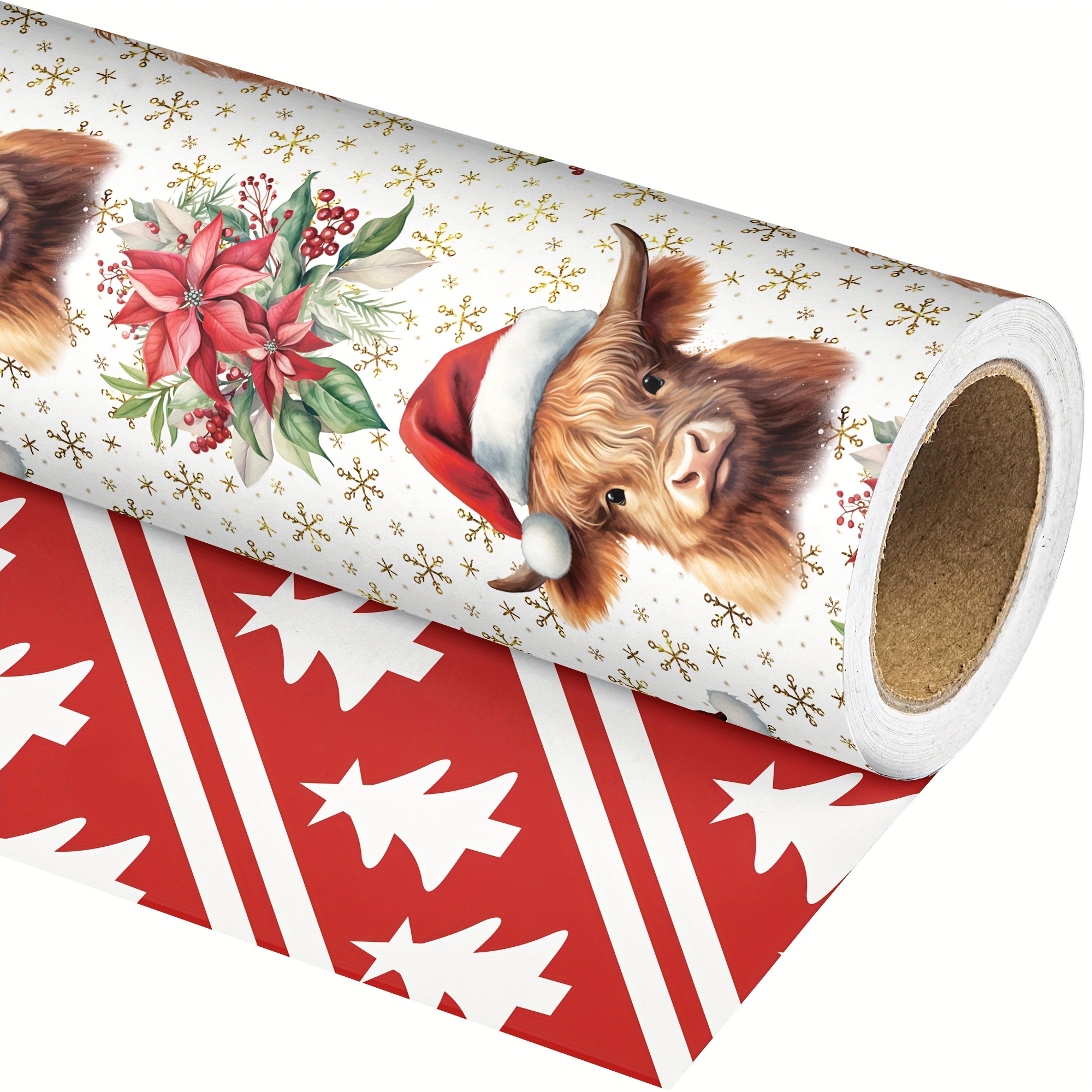 Image of 1 Roll Of Cow Christmas Wrapping Paper - Double-sided Christmas Wrapping Paper - Farm Cow Christmas Floral , Ideal For Holiday Party Celebrations And Decorations, Total Area 28.5