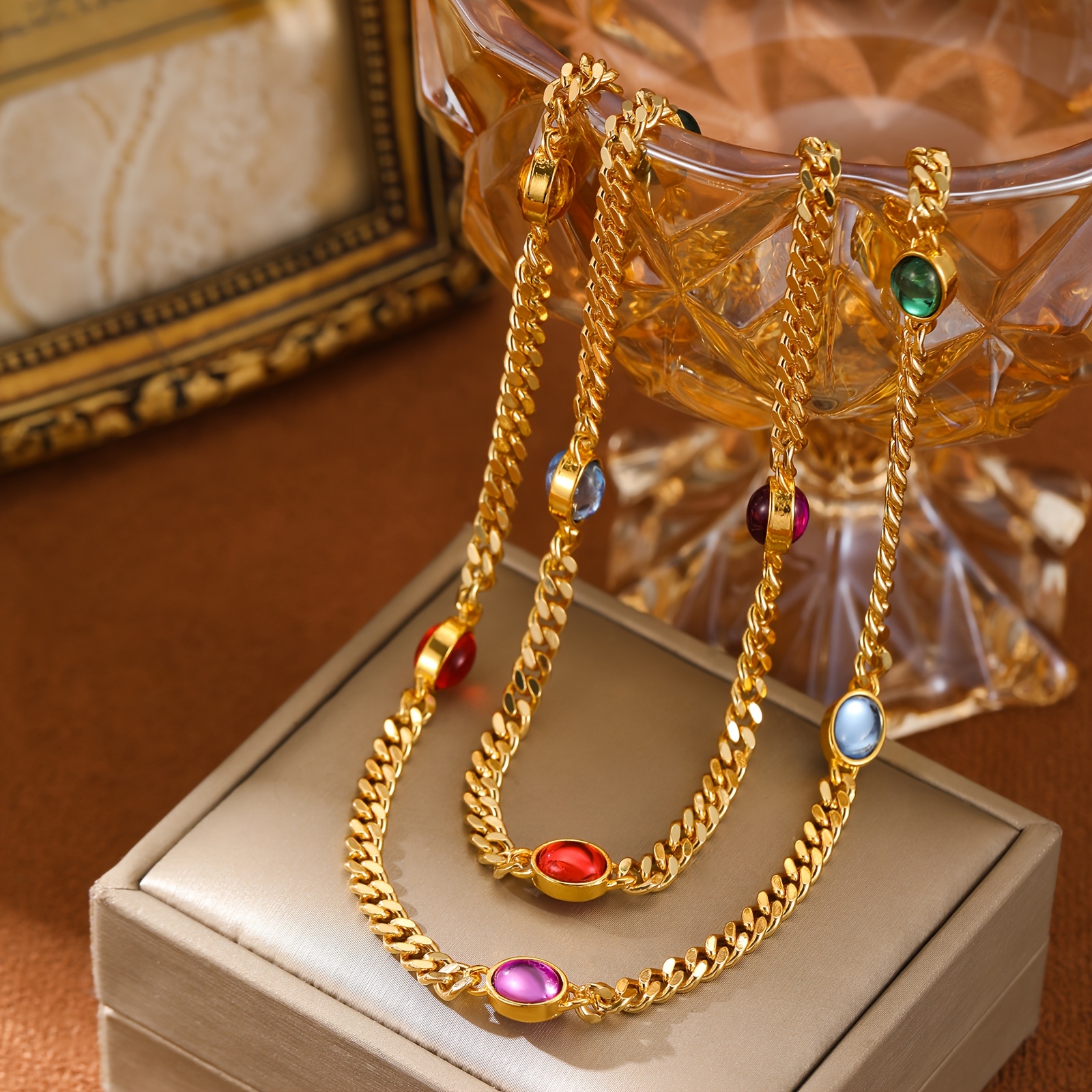 TEMU New Retro -style Multi-layered Multicolor Oval Necklace - Light , Perfect For Casual Wear And Special Occasions, Ideal Gift For Daily Use,