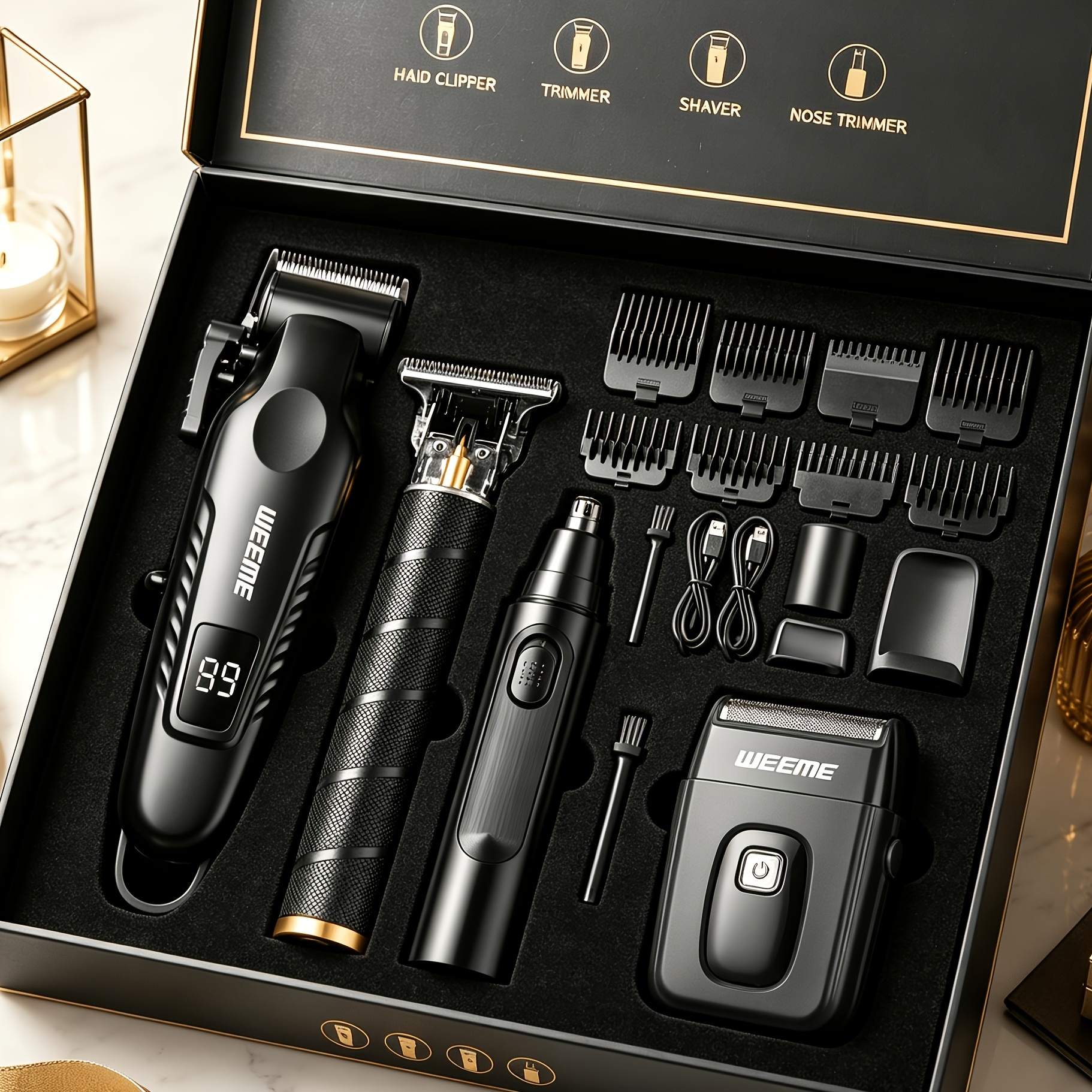 WEEME 4pcs/3pcs/1pc Cordless Men' Hair Clippers & Beard Trimmer with Electric Shaver & Nose Trimmer - Rechargeable Professional Hair Cutting System Suitable for Traveling, Home Use, Gift for Dad, Husband, Birthday/Christmas Present.