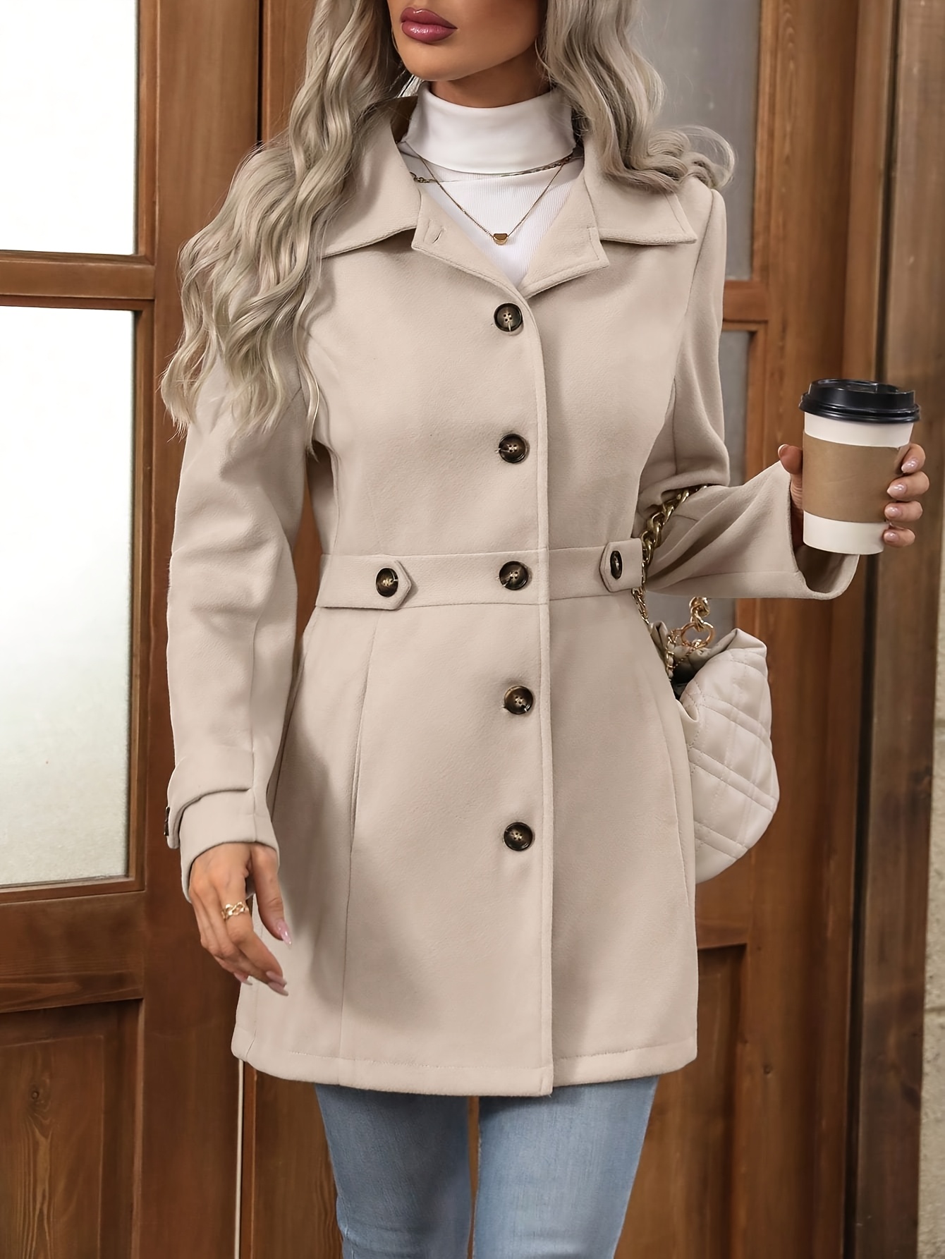 Abrigo de tweed para mujer con bolsillos, doble botonadura, manga larga, corte asimétrico, color sólido, talla regular para otoño/invierno, ropa casual de abrigo | Abrigo con corte asimétrico | Diseño estructurado