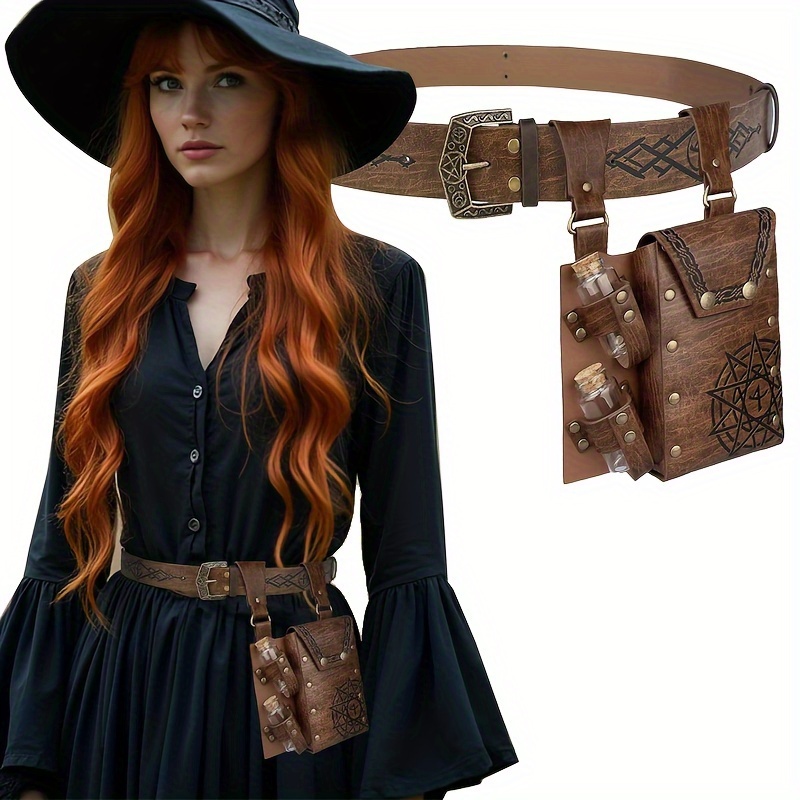 

1pc/2pcs Halloween Medieval Retro Pu Belt/ Bag Set Embossed Waist Bag And 2 Cork Vials Role Playing And Renaissance Activities Larp