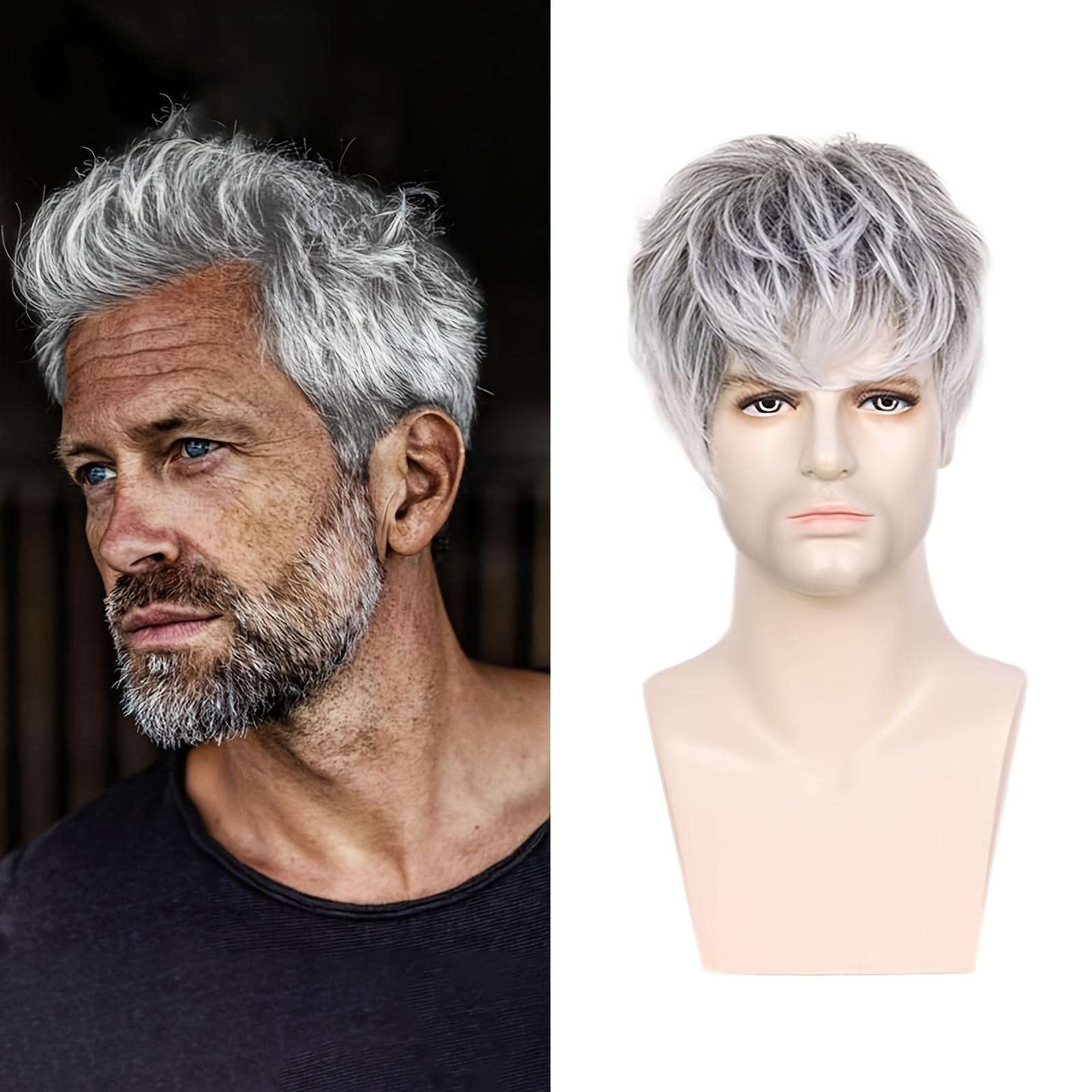 E-shop Kurze graue Perücken für Männer, glatte Perücke, gestuftes synthetisches Haar, Herrenperücke, hellgraue Ombre-Highlight, kurzer -Cut, gestuftes