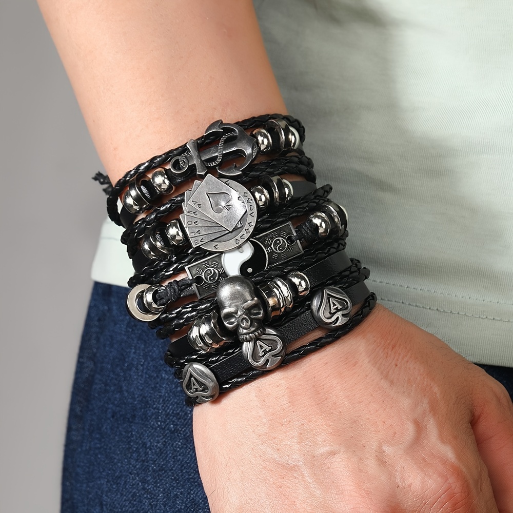 Conjunto de 5 Pulseras de Cuero Sintético con Encanto de Calavera y Tai Chi Estilo Hip Hop Punk para Hombres - Multicapa, Diseño Yin Yang