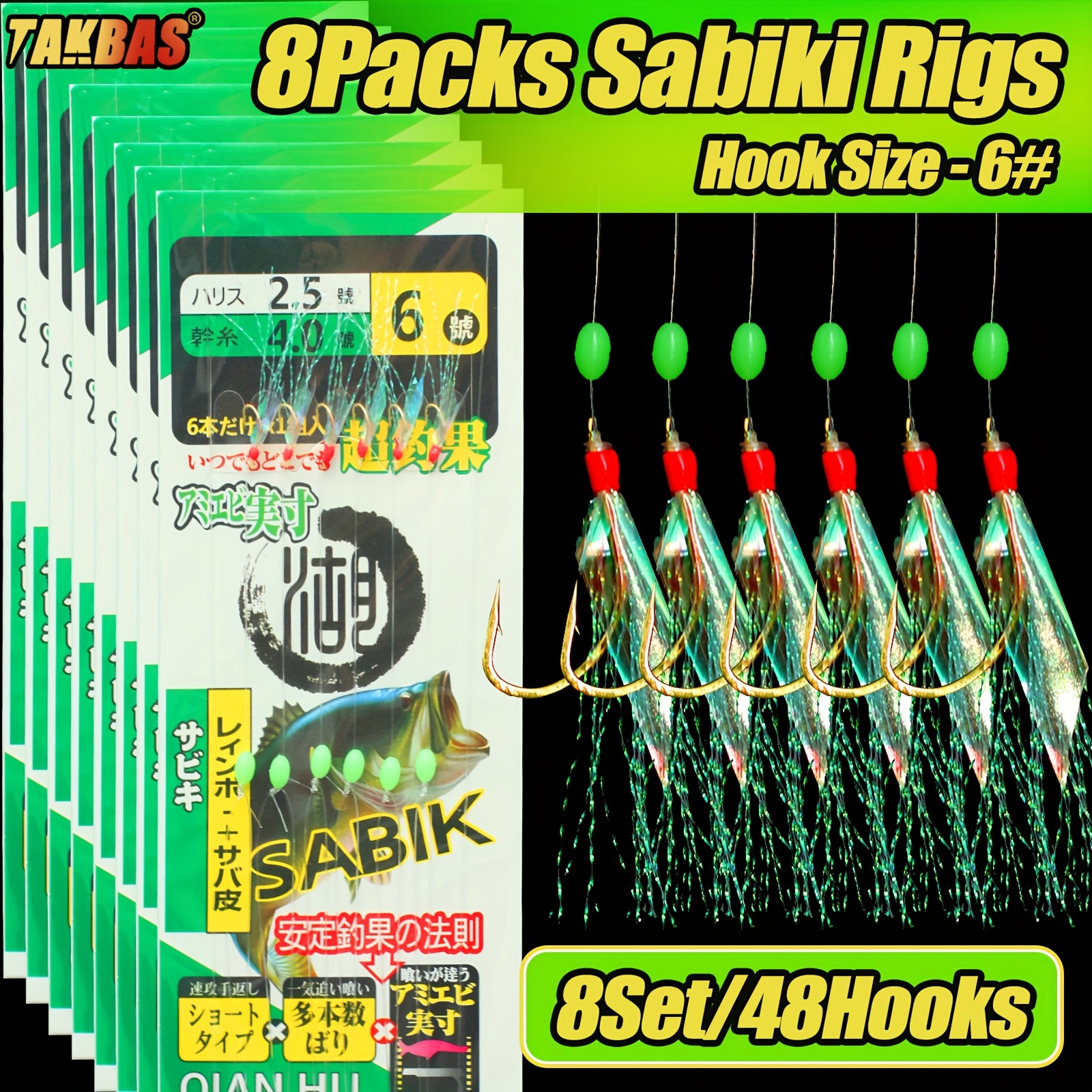 E-shop TAKBAS 8-teiliges Makrelen-Rig-Set mit 48 Haken, vorgebundenes Meeresangel-Rig mit Leuchperlen, bionische Fluginsekten-Köder-Rigs &