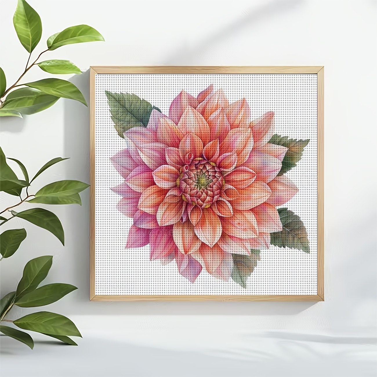 Cross Stitch Printed Kit, Frameless, Pink Orange Daisy Pattern