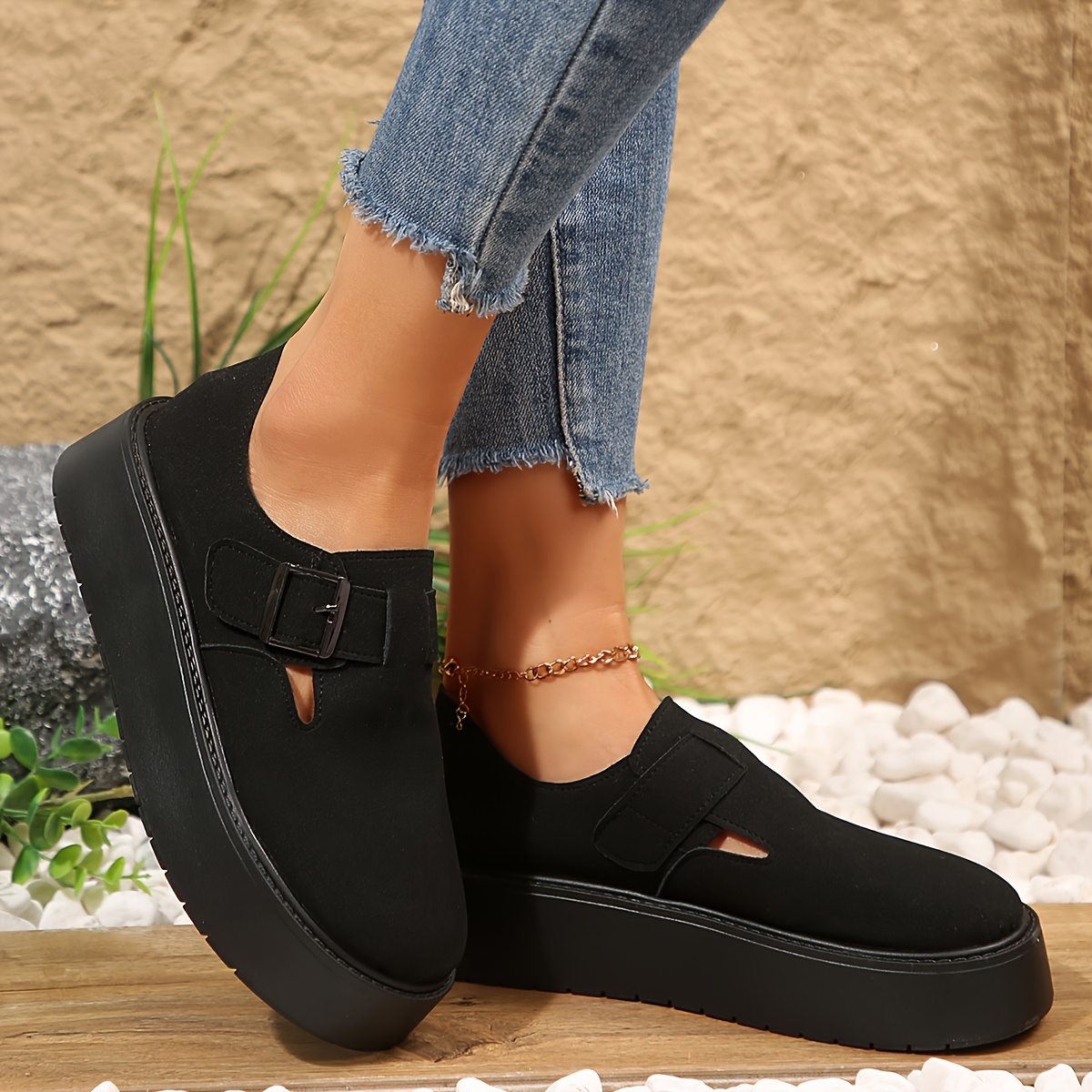 Mocasines de Plataforma Negros para Mujer Zapatos Cómodos con Cuña y  Correa de Punta Redonda y Gruesa de Goma para Soporte To