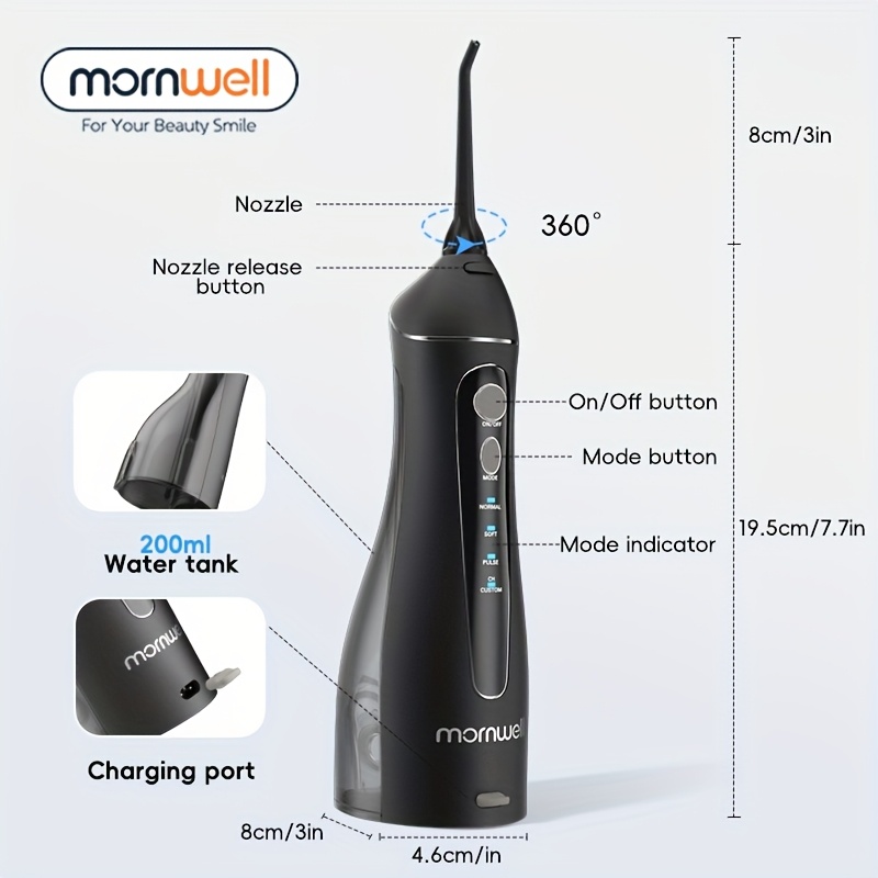 Image of Mornwell New Portable Water Flosser Features 3modes And 3 Levels, Equipped With 8 Nozzles Of 360degree Rotation, A Total Of 15 Brushing Options. Ipx7 And Has A Detachable Water Tank